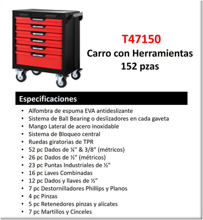CARRO CON HERRAMIENTAS 152 PZS 6 GAVETAS DADOS Y LLAVES EN MM Y HERRAMIENTA GENERAL